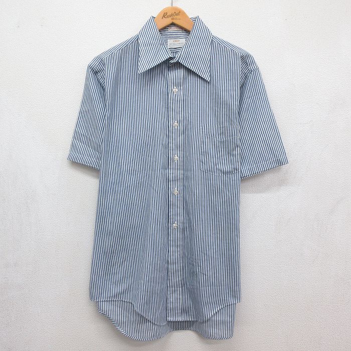 XL★古着 半袖 シャツ メンズ 70年代 70s USA製 ネイビー ストライプ 26jul04
