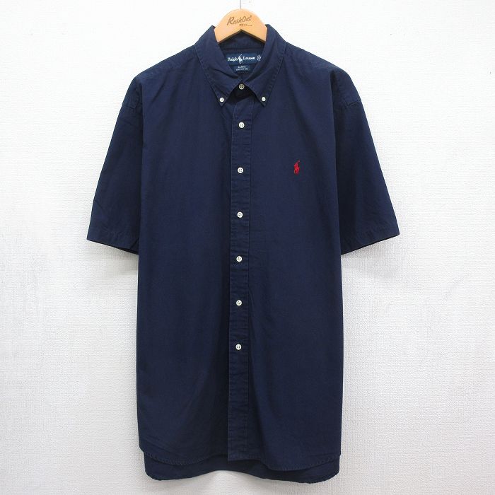 XL★古着 ラルフローレン 半袖 ブランド シャツ メンズ 90年代 90s ワンポイントロゴ BLAKE 大きいサイズ ロング丈 コットン ボタンダウン ネイビー 26jul04