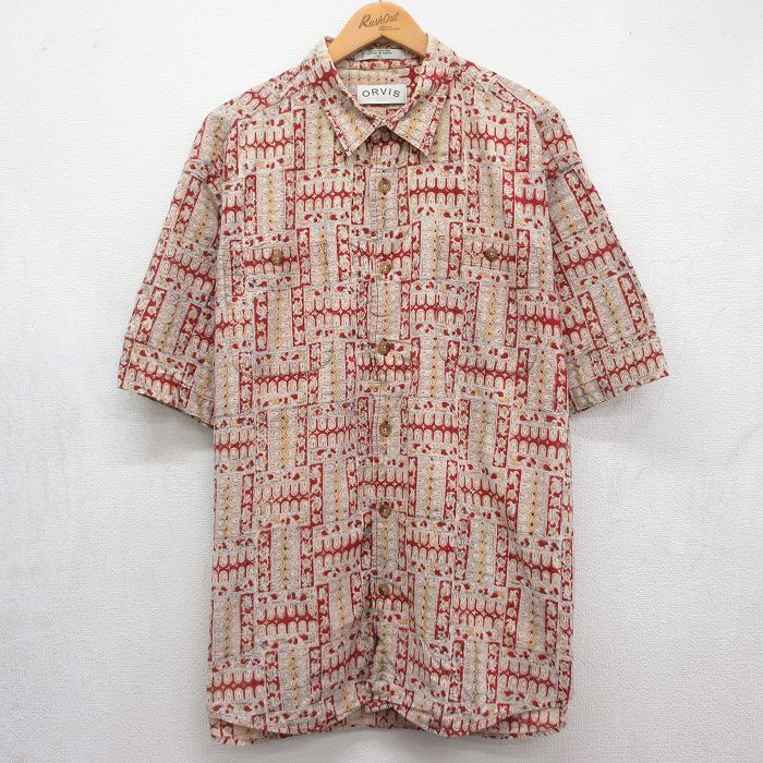 XL★古着 オービス 半袖 シャツ メンズ 00年代 00s 総柄 大きいサイズ コットン レッド 26jul04