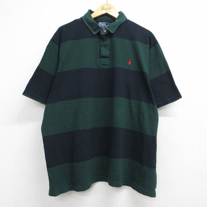 ラルフローレン 90s 半袖ラガーシャツ ワンポイントロゴ グリーンボーダー メンズXL相当 | 古着