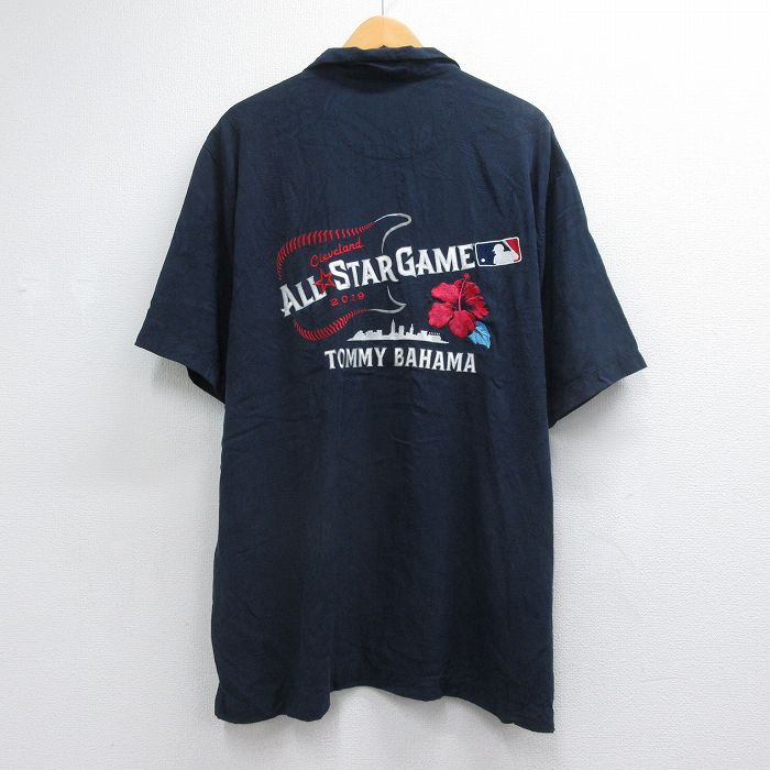 XL★古着 トミーバハマ 半袖 シャツ メンズ MLB オールスターゲーム 刺繍 大きいサイズ ロング丈 シルク 開襟 オープンカラー ネイビー メジャーリーグ ベースボール 野球【spe】 26jul10