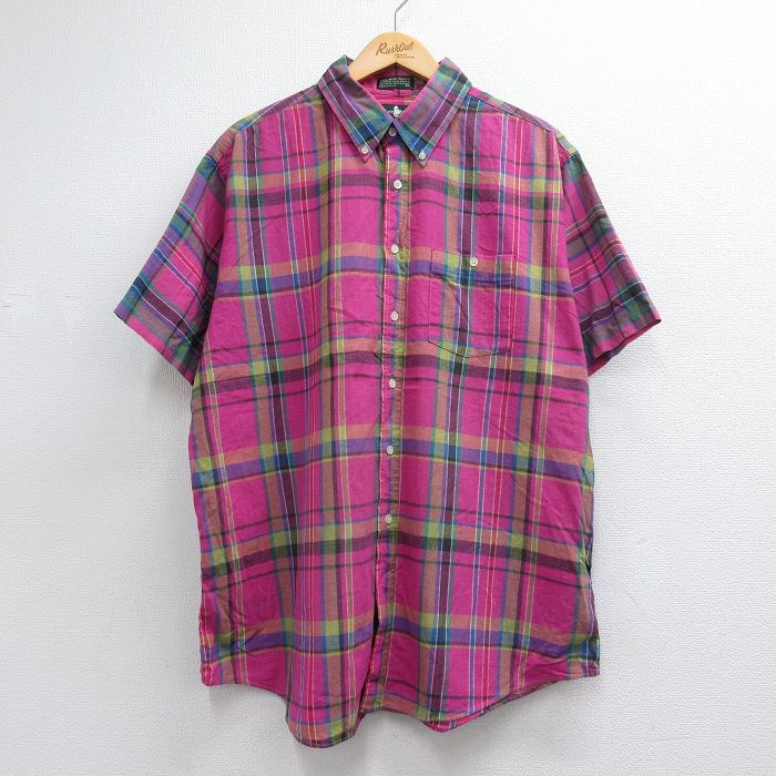 XL★古着 半袖 シャツ メンズ 90年代 90s 大きいサイズ コットン ボタンダウン USA製 ピンク チェック 26jul10