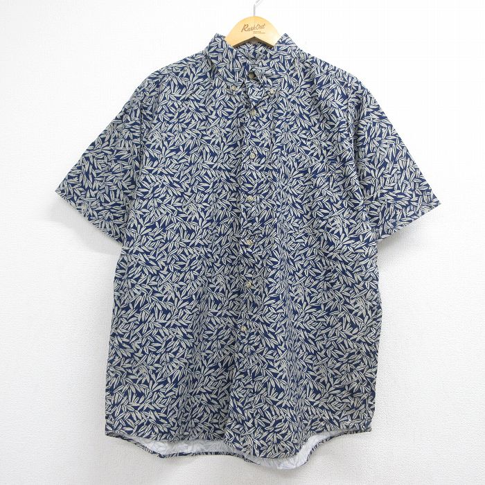 XL★古着 半袖 シャツ メンズ 90年代 90s 総柄 大きいサイズ コットン ボタンダウン ネイビー 26jul16