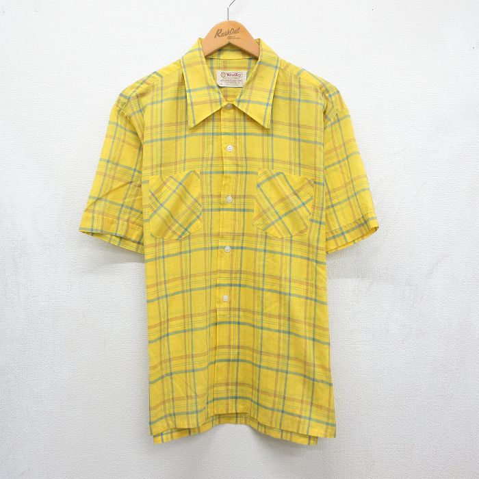 古着通販 XL☆古着 半袖 シャツ メンズ 80年代 80s イエロー チェック