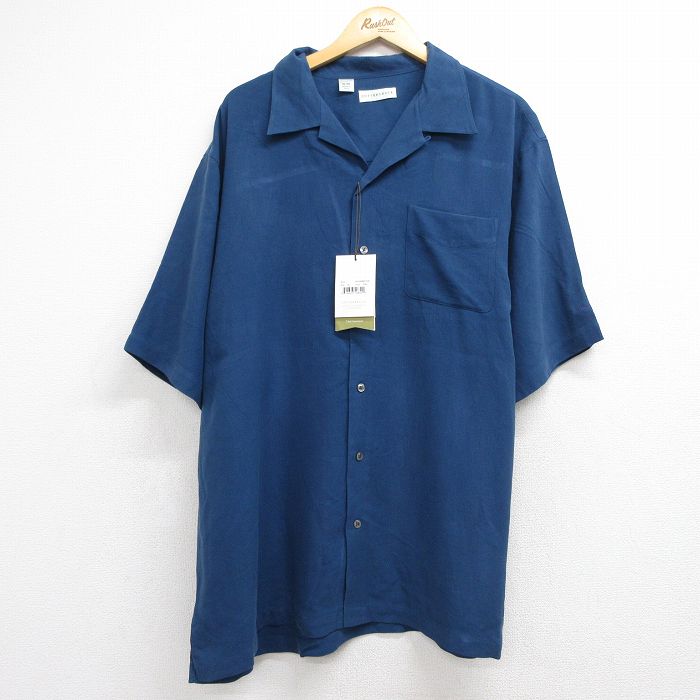 XL★古着 半袖 シャツ メンズ 大きいサイズ ロング丈 シルク デッドストック ネイビー 26jul29