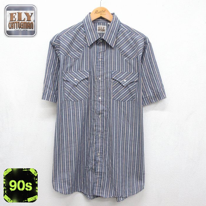 ELY 90s 半袖ウエスタンシャツ ネイビーストライプ メンズXL相当 | 古着