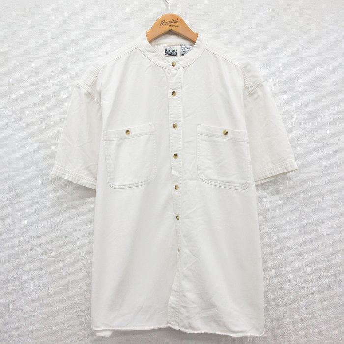 XL★古着 ベーシックエディションズ 半袖 シャツ メンズ 90年代 90s 大きいサイズ コットン ノーカラー ホワイト【spe】 26aug10