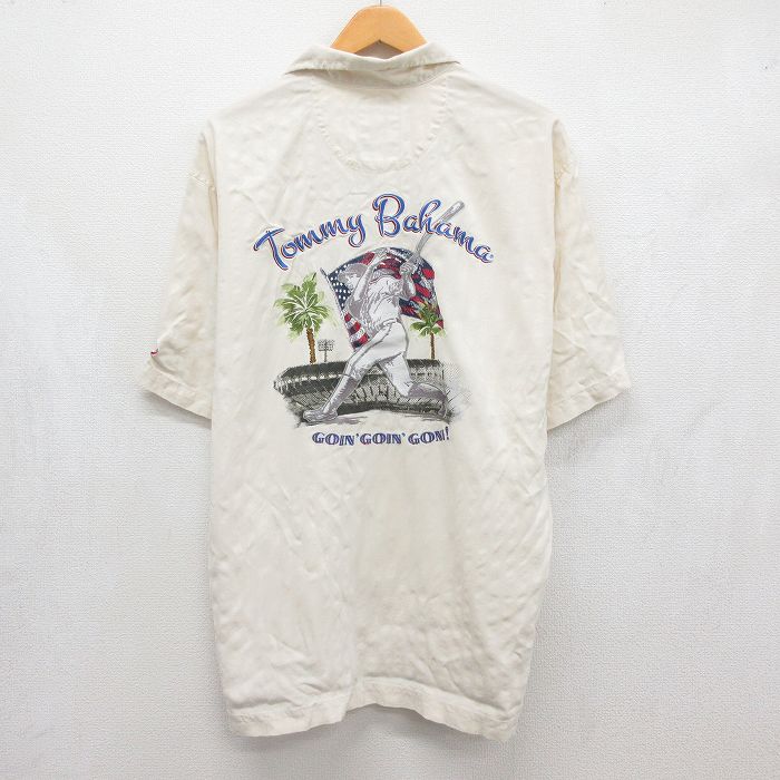 XL★古着 トミーバハマ 半袖 シャツ メンズ MLB シンシナティレッズ 刺繍 シルク 開襟 オープンカラー 生成り ベージュ メジャーリーグ ベースボール 野球【spe】 26aug10