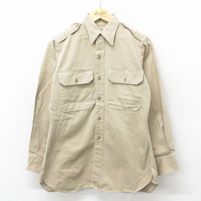 M★古着 長袖 ビンテージ ミリタリー シャツ メンズ 50年代 50s マチ付き ベージュ カーキ 24aug30 中古 トップス