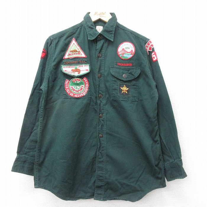M★古着 長袖 ビンテージ ボーイスカウト シャツ メンズ 50年代 50s ワッペン コットン 濃緑 グリーン 24nov08 中古 トップス