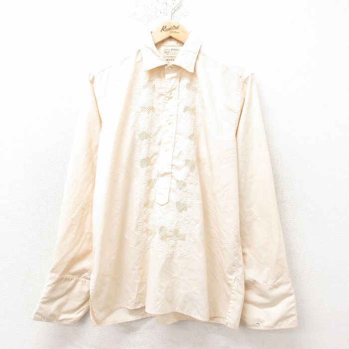 L★古着 長袖 ビンテージ キューバ シャツ メンズ 60年代 60s 花柄 刺繍 薄ベージュ カーキ カフスボタン仕様 25feb14 中古 トップス