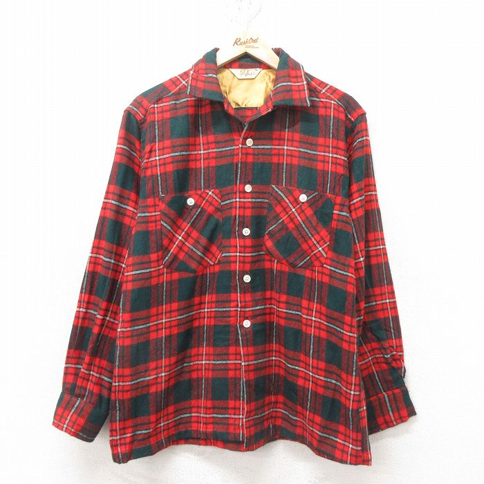 M★古着 長袖 ビンテージ シャツ メンズ 60年代 60s 開襟 オープンカラー 赤他 レッド チェック 25feb14 中古 トップス