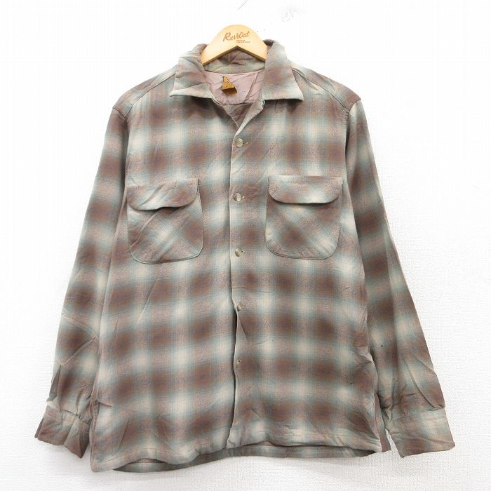 L★古着 ペンドルトン PENDLETON 長袖 ビンテージ シャツ メンズ 50年代 50s ウール 開襟 オープンカラー 茶他 ブラウン オンブレ チェック 【spe】 25feb15 中古 トップス