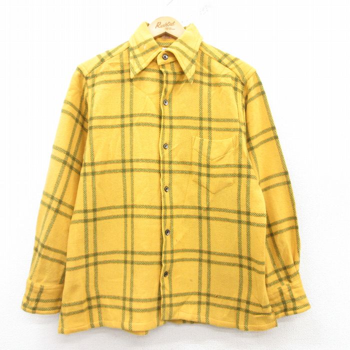 M★古着 長袖 ビンテージ シャツ メンズ 70年代 70s ウール 黄他 イエロー チェック 25feb15 中古 トップス