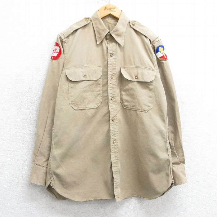 L★古着 長袖 ビンテージ シャツ メンズ 60年代 60s ミリタリー アーミー ARMY ワッペン マチ付き ベージュ カーキ 25apr01 中古 トップス