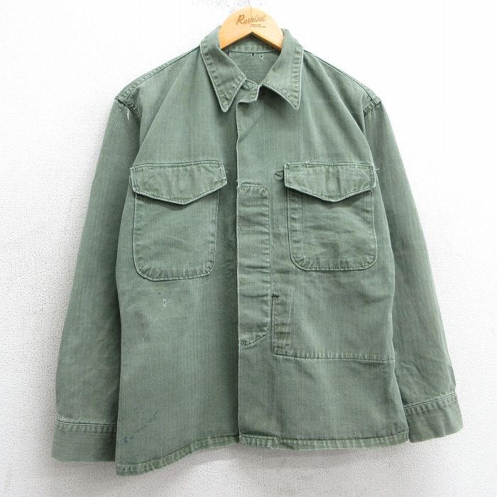 M★古着 長袖 ビンテージ ミリタリー シャツ メンズ 50年代 50s ヘリンボーン 濃緑 グリーン 【spe】 25apr01 中古 トップス