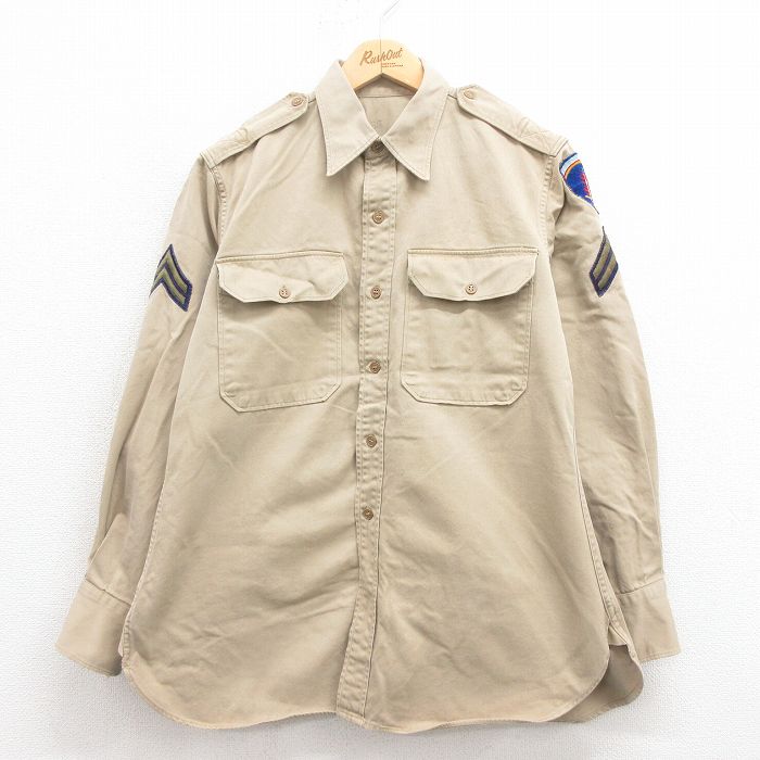 L★古着 長袖 ビンテージ ミリタリー シャツ メンズ 60年代 60s マチ付き ベージュ カーキ 25aug02 中古 トップス