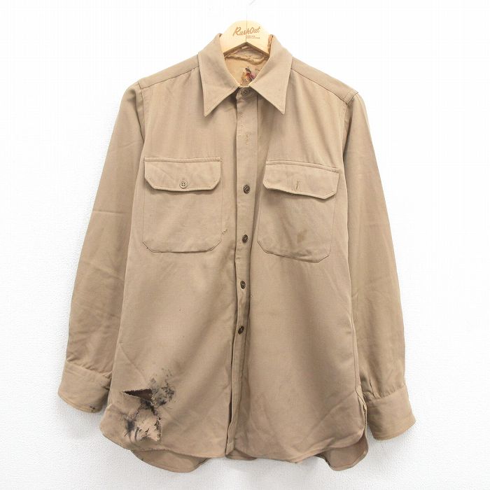 M★古着 長袖 ビンテージ ミリタリー ウール シャツ メンズ 50年代 50s マチ付き ベージュ カーキ 25aug04 中古 トップス