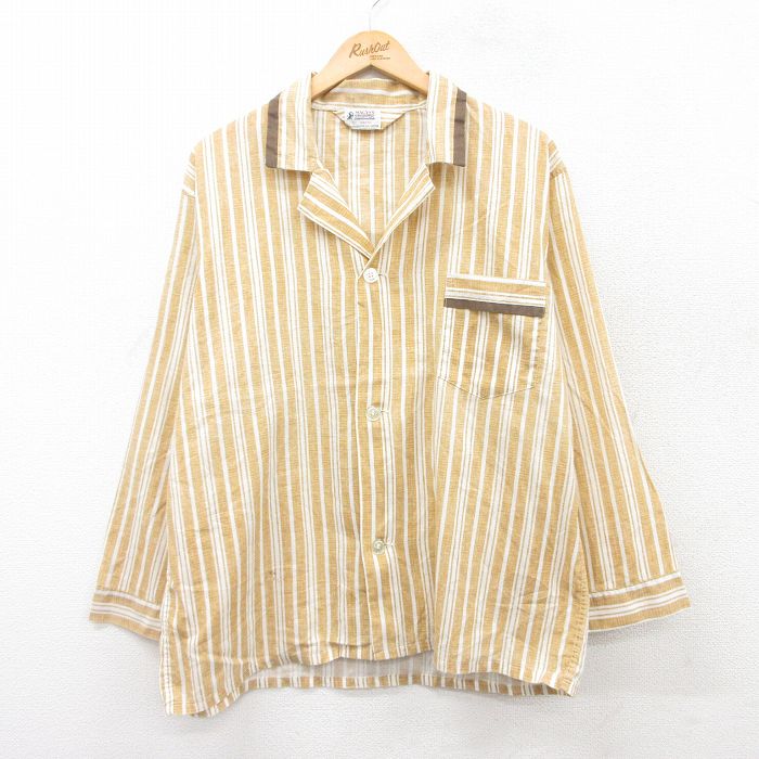 XL★古着 長袖 ビンテージ パジャマ シャツ メンズ 70年代 70s 開襟 オープンカラー 黄他 イエロー ストライプ 25aug19 中古 トップス