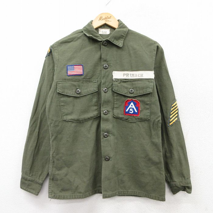 【50%OFF】M★古着 長袖 ビンテージ ミリタリー シャツ メンズ 70年代 70s STS ワッペン 濃緑 グリーン 25aug19 中古 トップス
