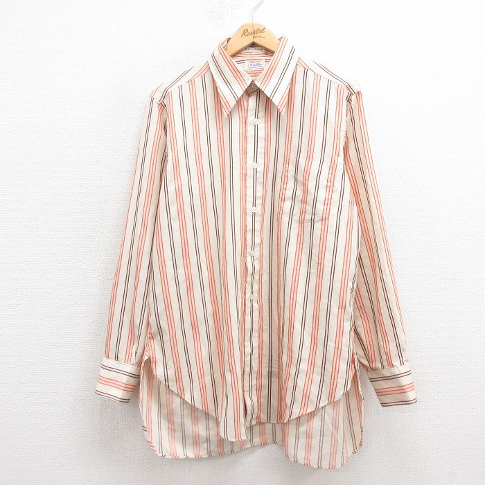 L★古着 長袖 ビンテージ シャツ メンズ 70年代 70s マチ付き USA製 薄ベージュ カーキ ストライプ 25oct02 中古 トップス