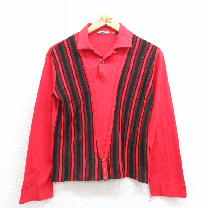 XS★古着 長袖 ビンテージ ウール トップス メンズ 60年代 60s 開襟 オープンカラー 赤 レッド 25oct02 中古