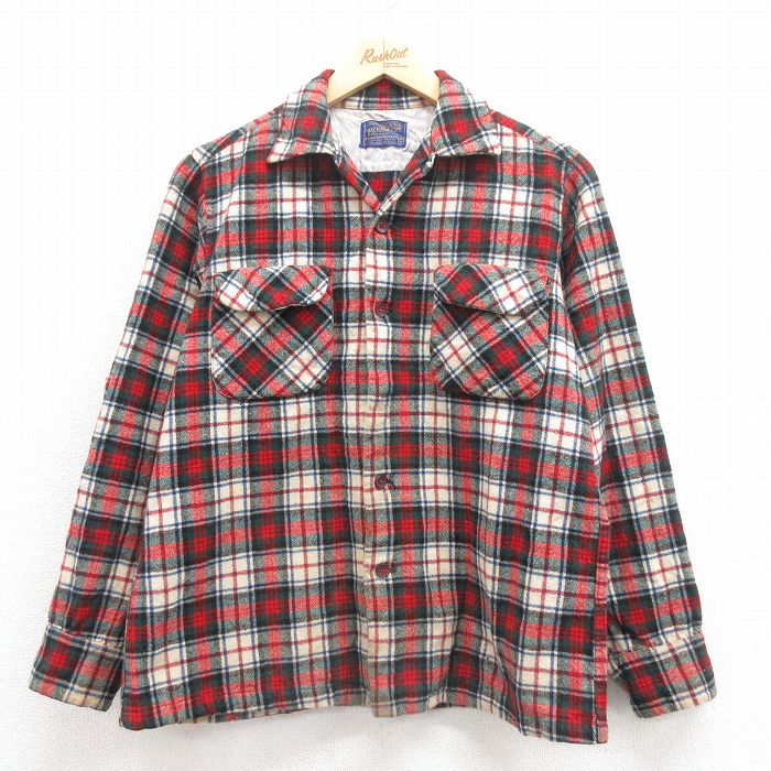 M★古着 ペンドルトン PENDLETON 長袖 ビンテージ ウール ボード シャツ メンズ 50年代 50s 開襟 オープンカラー 赤他 レッド タータン チェック 25oct02 中古 トップス
