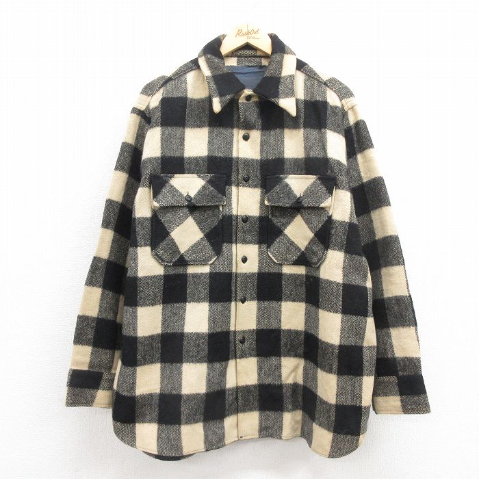 XL★古着 長袖 ビンテージ ウール シャツ メンズ 50年代 50s 大きいサイズ 黒 ブラック バッファロー チェック 【spe】 25oct18 中古 トップス