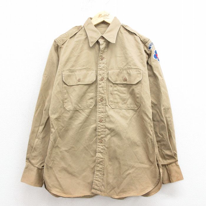 M★古着 長袖 ビンテージ ミリタリー シャツ メンズ 50年代 50s マチ付き コットン USA製 ベージュ 25nov12