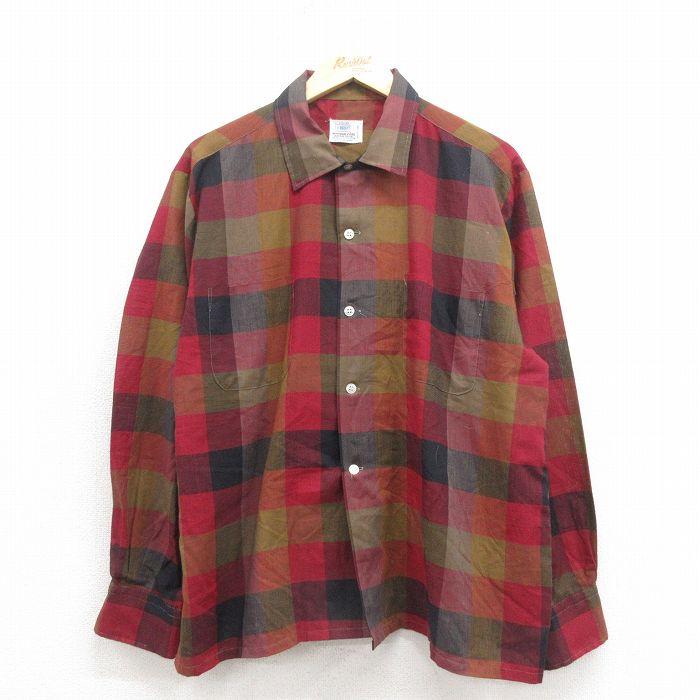 XL★古着 ブレント 長袖 ビンテージ シャツ メンズ 70年代 70s エンジ チェック 25nov12