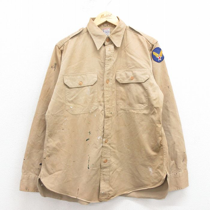 50s ミリタリーシャツ マチ付き ベージュ L | 古着