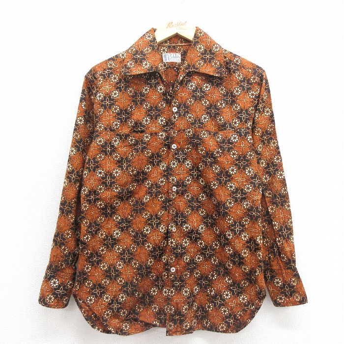 【20%OFF】S★古着 長袖 ビンテージ シャツ メンズ 70年代 70s 花柄 茶 25nov12