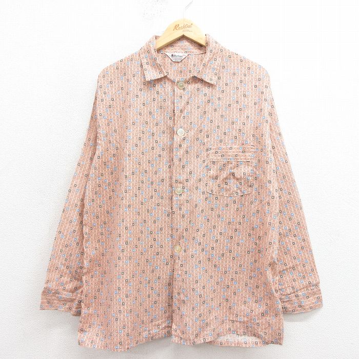 【20%OFF】XL★古着 長袖 ビンテージ パジャマ シャツ メンズ 70年代 70s 総柄 USA製 薄ベージュ【spe】 25nov12