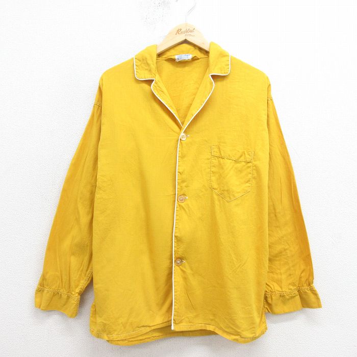 M★古着 長袖 ビンテージ パジャマ シャツ メンズ 70年代 70s コットン 開襟 オープンカラー 黄 25nov12