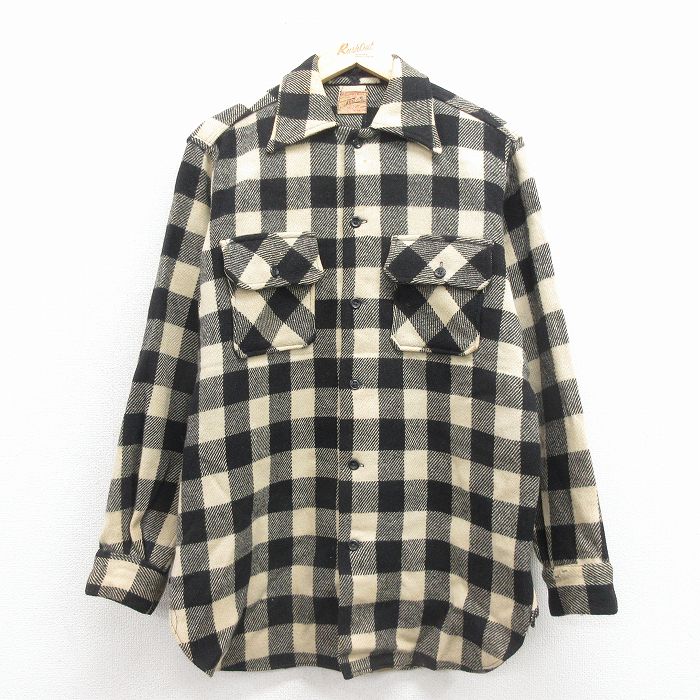 L★古着 長袖 ビンテージ ウール シャツ メンズ 50年代 50s マチ付き 黒 バッファロー チェック【spe】 25dec17
