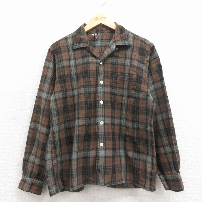 M★古着 長袖 ビンテージ ウール シャツ メンズ 60年代 60s 開襟 オープンカラー こげ茶 チェック【spe】 25dec17