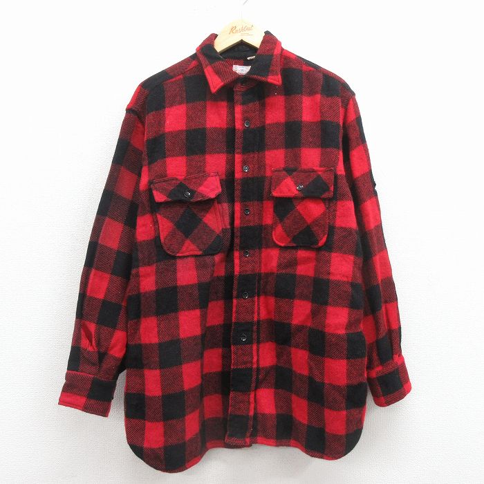 XL★古着 タウンクラフト ペニーズ 長袖 ビンテージ ウール シャツ メンズ 60年代 60s マチ付き 大きいサイズ ロング丈 赤 バッファロー チェック 25dec17