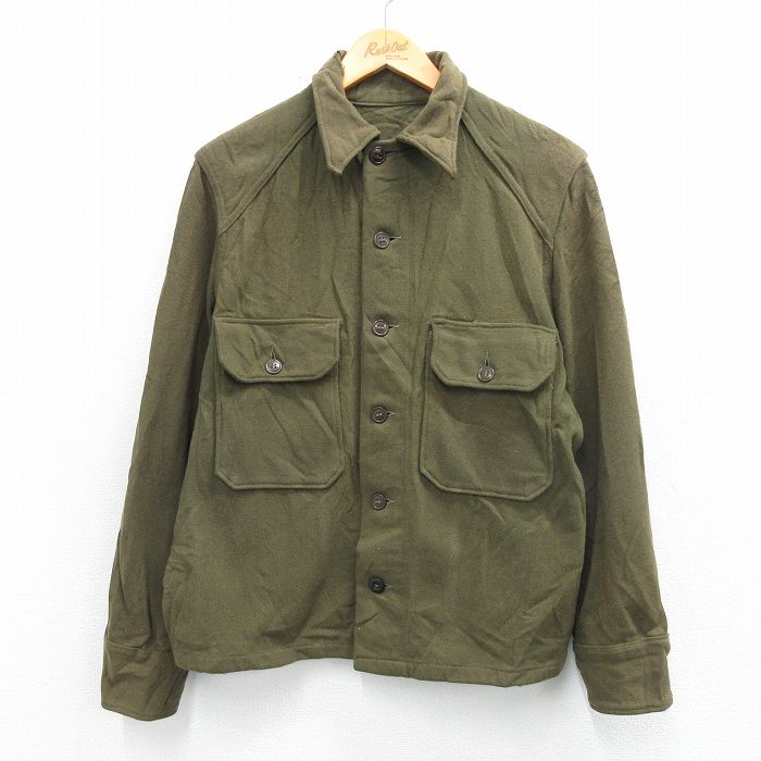 L★古着 長袖 ビンテージ シャツ メンズ 70年代 70s ウール 濃緑 25dec22