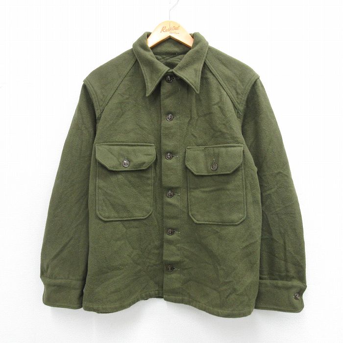 L★古着 長袖 ビンテージ シャツ メンズ 70年代 70s ウール 濃緑 25dec22