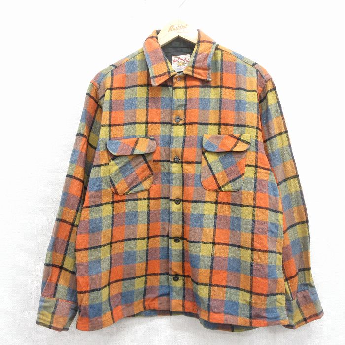 L★古着 長袖 ビンテージ ウール シャツ メンズ 70年代 70s オレンジ他 チェック 26jan22