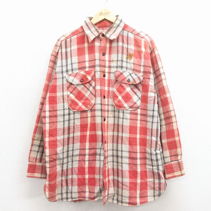 XL★古着 ピルグリム 長袖 ビンテージ ヘビー フランネル シャツ メンズ 60年代 60s マチ付き 薄赤他 チェック【spe】 26jan22