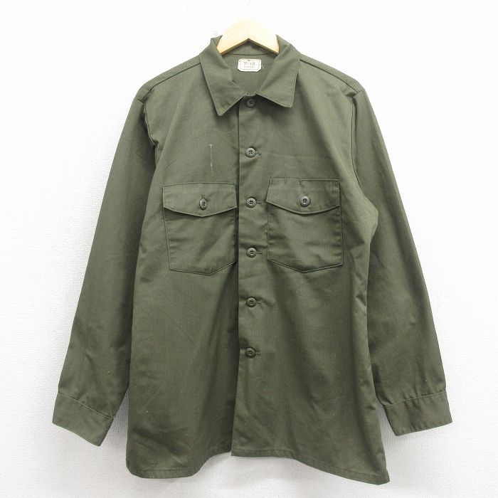XL★古着 長袖 ビンテージ ミリタリー シャツ メンズ 70年代 70s ユーティリティ USA製 緑 26feb18