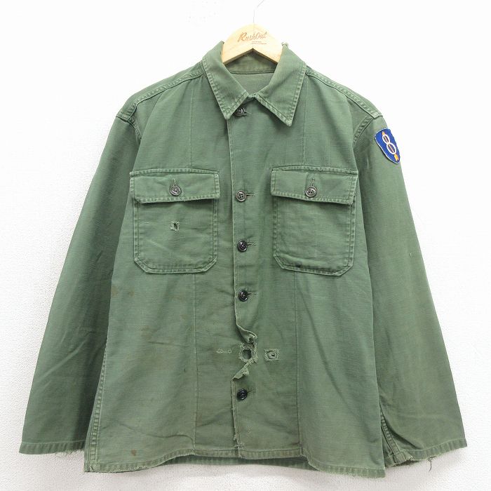 M★古着 長袖 ビンテージ ミリタリー シャツ メンズ 70年代 70s 濃緑 26mar30