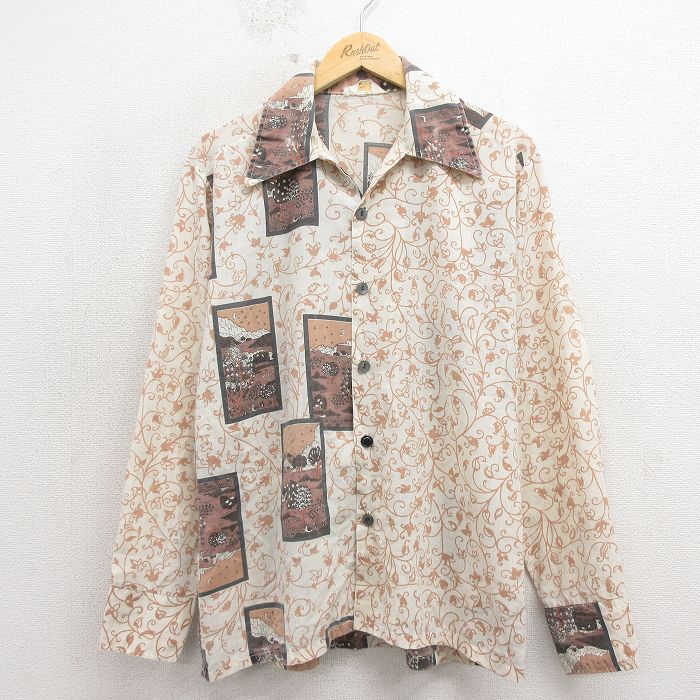 L★古着 長袖 ビンテージ パジャマ シャツ メンズ 70年代 70s 花柄 開襟 オープンカラー 生成り 26apr13