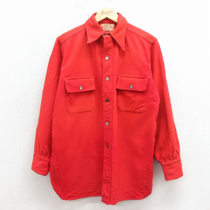 L★古着 長袖 ビンテージ ウール シャツ メンズ 50年代 50s マチ付き 赤 26apr13