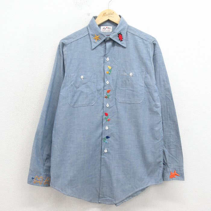 M★古着 King Kole 長袖 ビンテージ シャンブレー シャツ メンズ 70年代 70s 刺繍 【spe】 26apr30