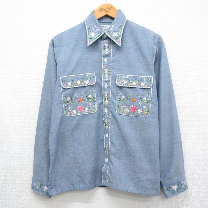ビッグマック 70s 長袖シャツ ハート刺繍 ライトブルー メンズM相当 | 古着