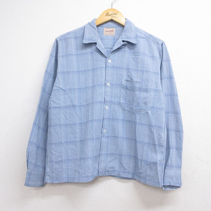 M★古着 長袖 ビンテージ シャツ メンズ 60年代 60s 開襟 オープンカラー ライトブルー チェック【spe】 26aug06