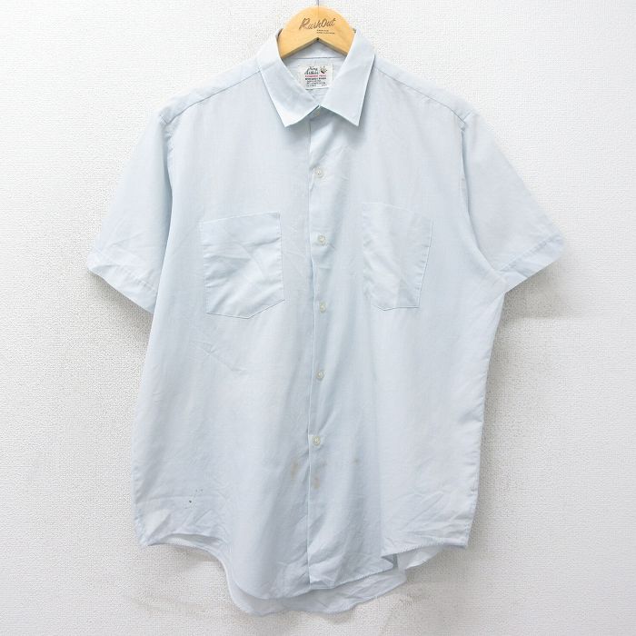 XL★古着 半袖 ビンテージ シャツ メンズ 70年代 70s 薄紺 ネイビー 24may07 中古 トップス