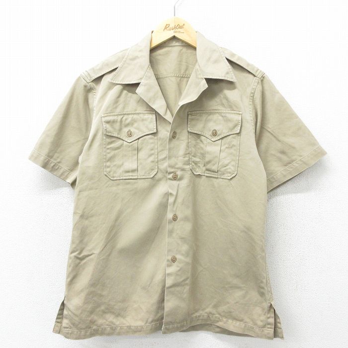 【50%OFF】M★古着 半袖 ビンテージ ミリタリー シャツ メンズ 50年代 50s コットン 開襟 オープンカラー USA製 ベージュ カーキ 24jul19 中古 トップス
